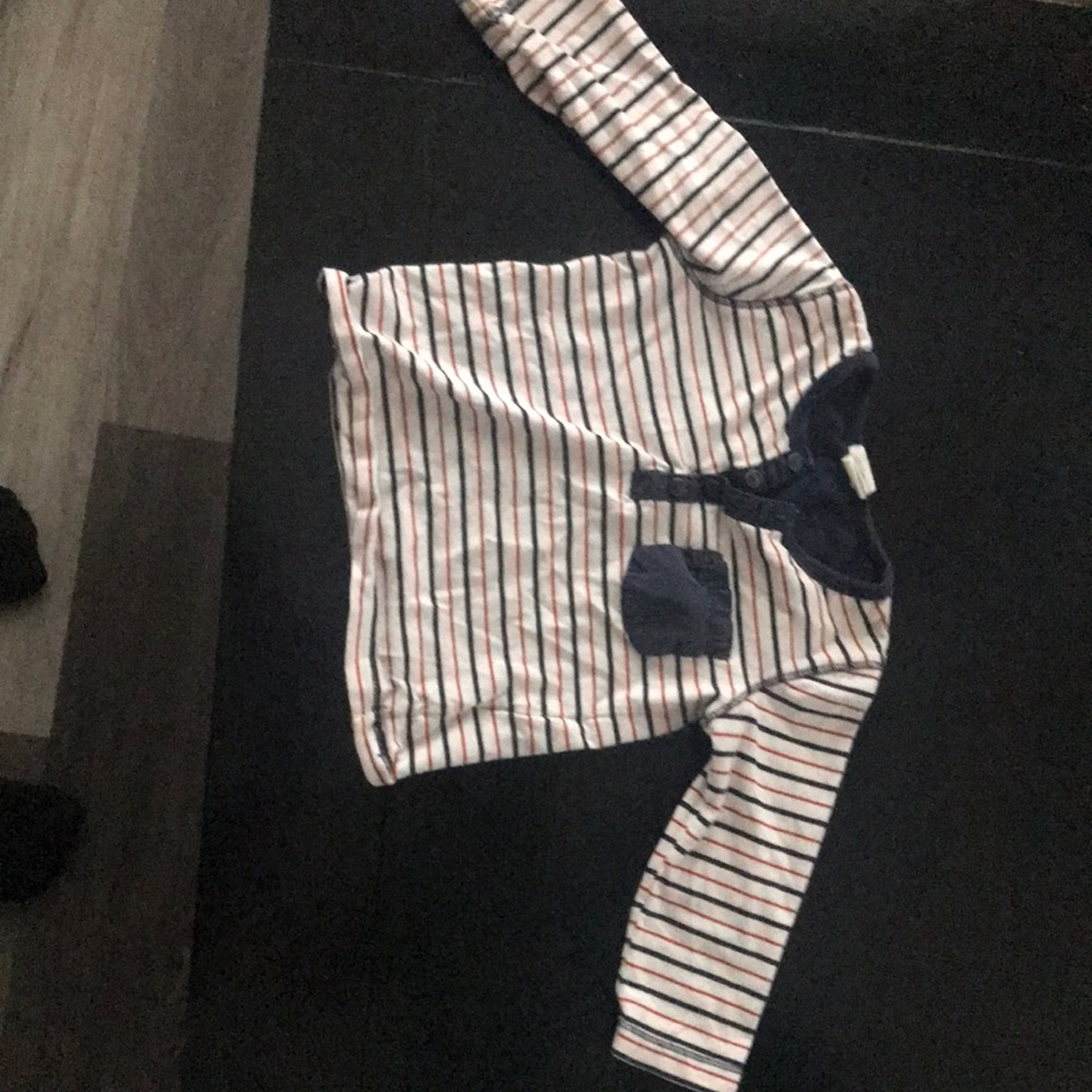 H&M White Striped Long-Sleeve Tee with Navy Trim and Pocket